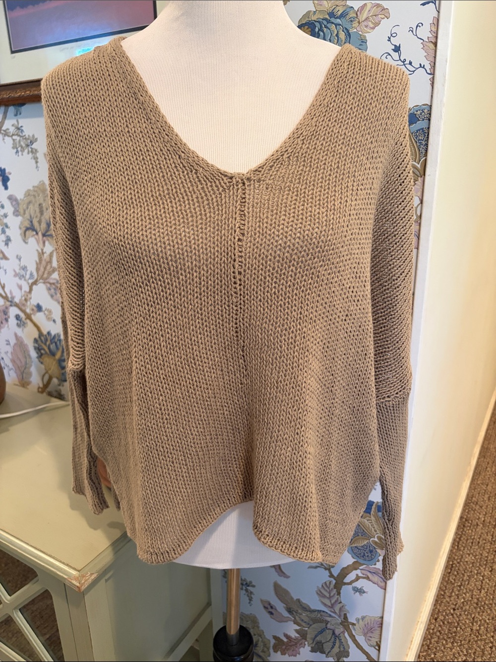 Wooden Ships Taupe V-Neck Relaxed Knit Sweater